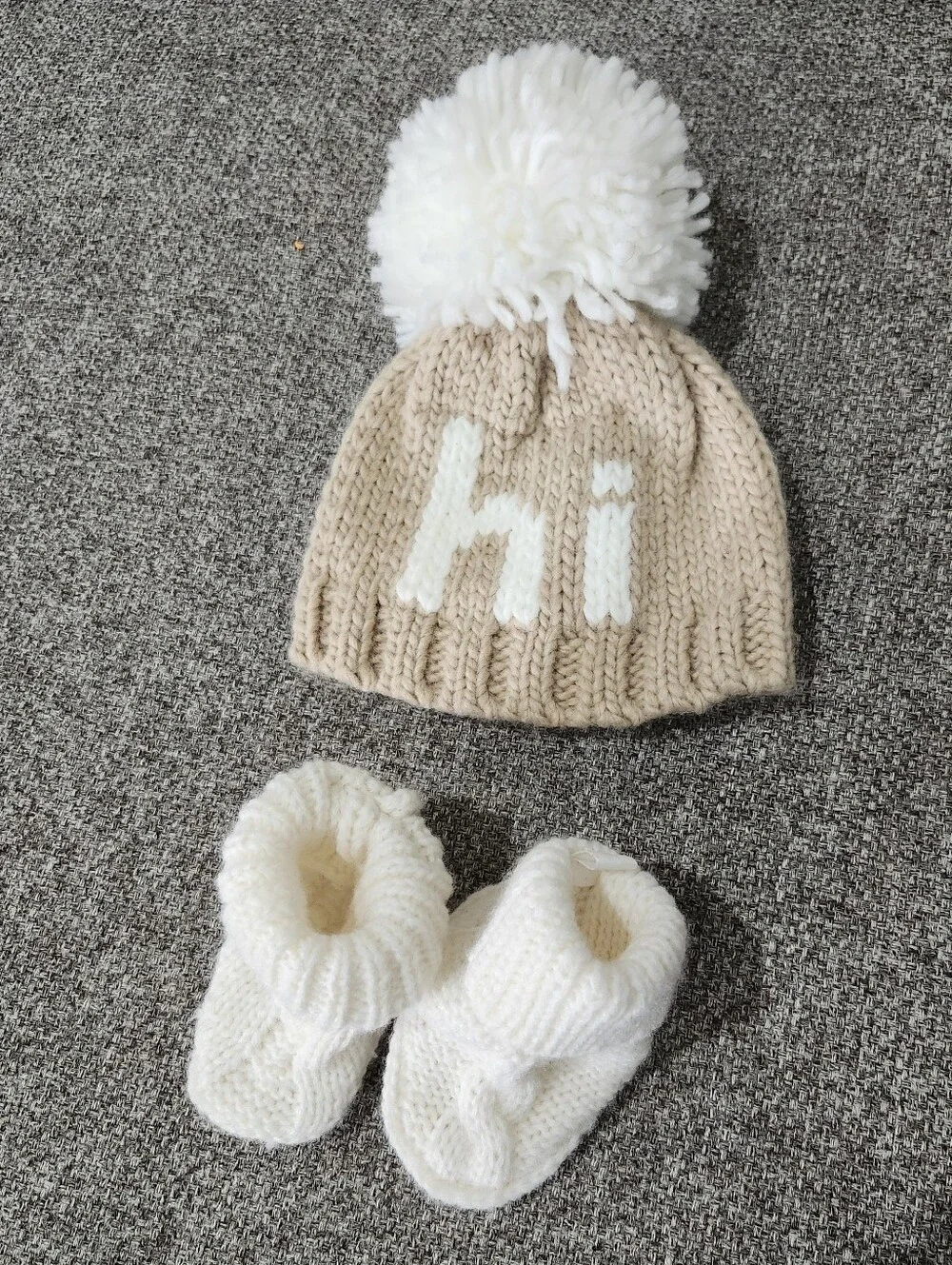 Baby Knit Pom Pom Beanie and Booties Set in Tan/Cream
